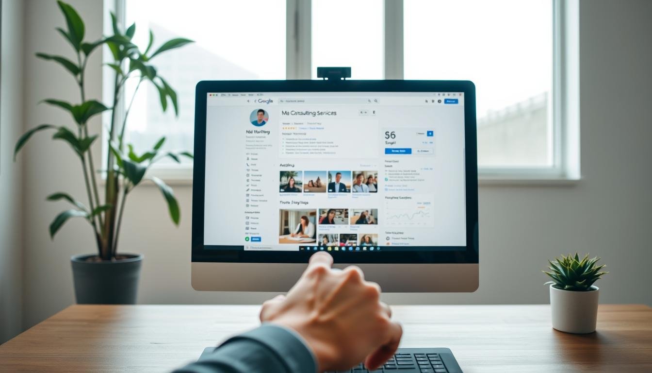 A professional and visually appealing image of "Google Business Profile Optimization" for the article section "Optimizing Your Google Business Profile": A well-lit, high-resolution image showcasing a desktop computer screen displaying a detailed Google Business Profile for "Ma Consulting Services". The screen shows a clean, organized layout with various optimization elements, such as business information, reviews, images, and analytics. In the foreground, a hand hovers over the mouse, indicating user interaction. The background features a modern, minimalist office setting with a potted plant and natural lighting filtering through the windows, creating a calming and professional atmosphere. The overall composition emphasizes the importance of optimizing the Google Business Profile for effective local SEO and improved online visibility.