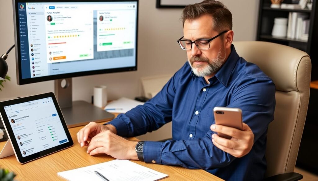 Business owner reviewing online reputation statistics on computer and mobile devices Business owner reviewing online reputation statistics on computer and mobile devices