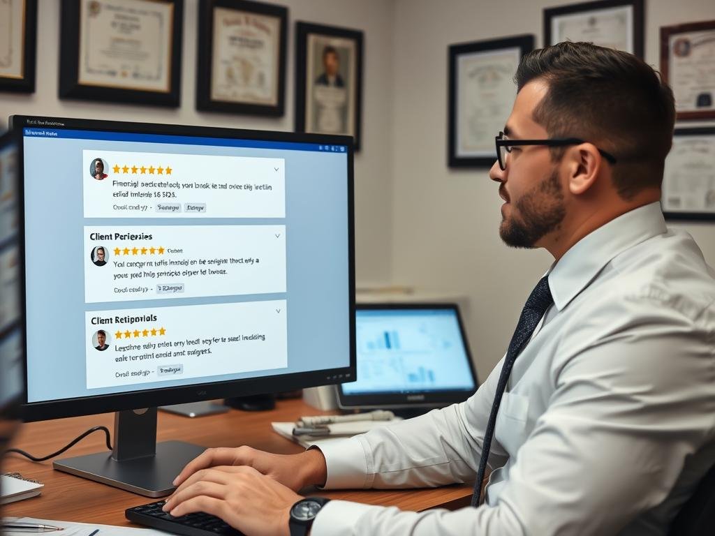 Financial advisor reviewing client testimonials and online reputation Financial advisor reviewing client testimonials and online reputation
