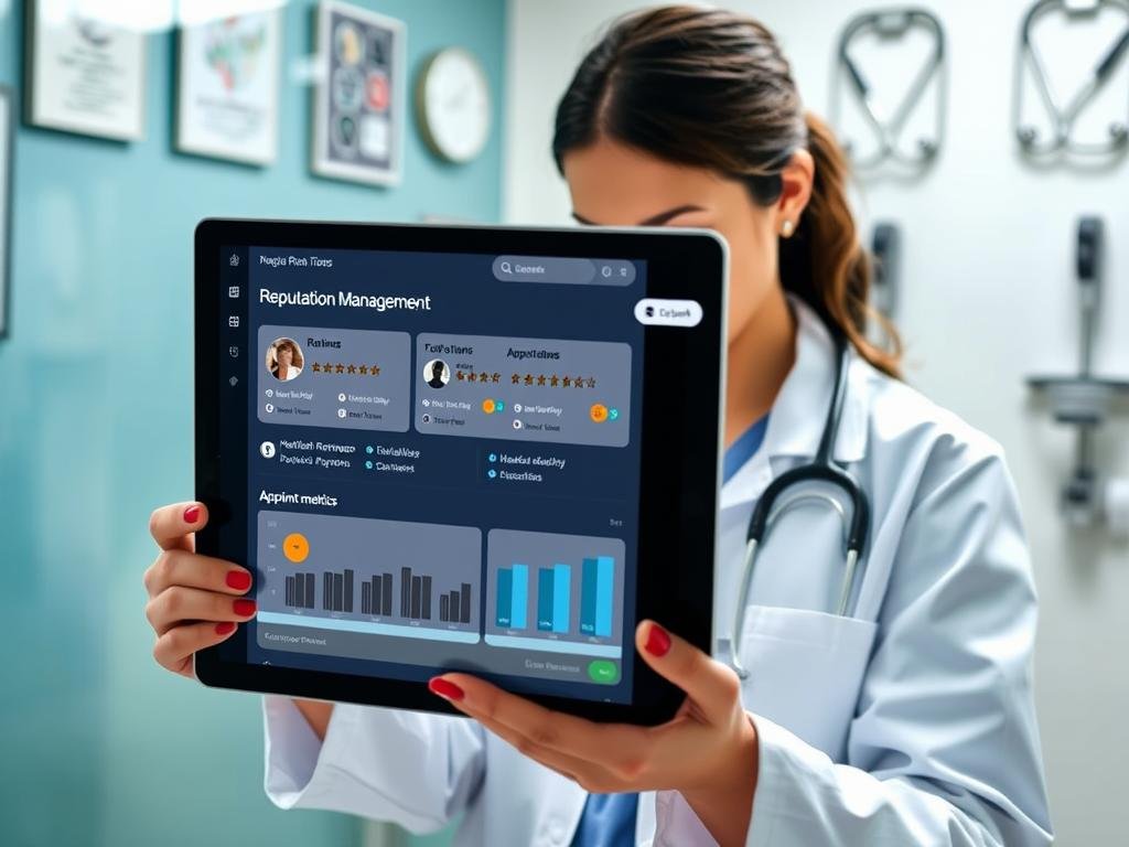 Healthcare professional reviewing online reputation management dashboard Healthcare professional reviewing online reputation management dashboard