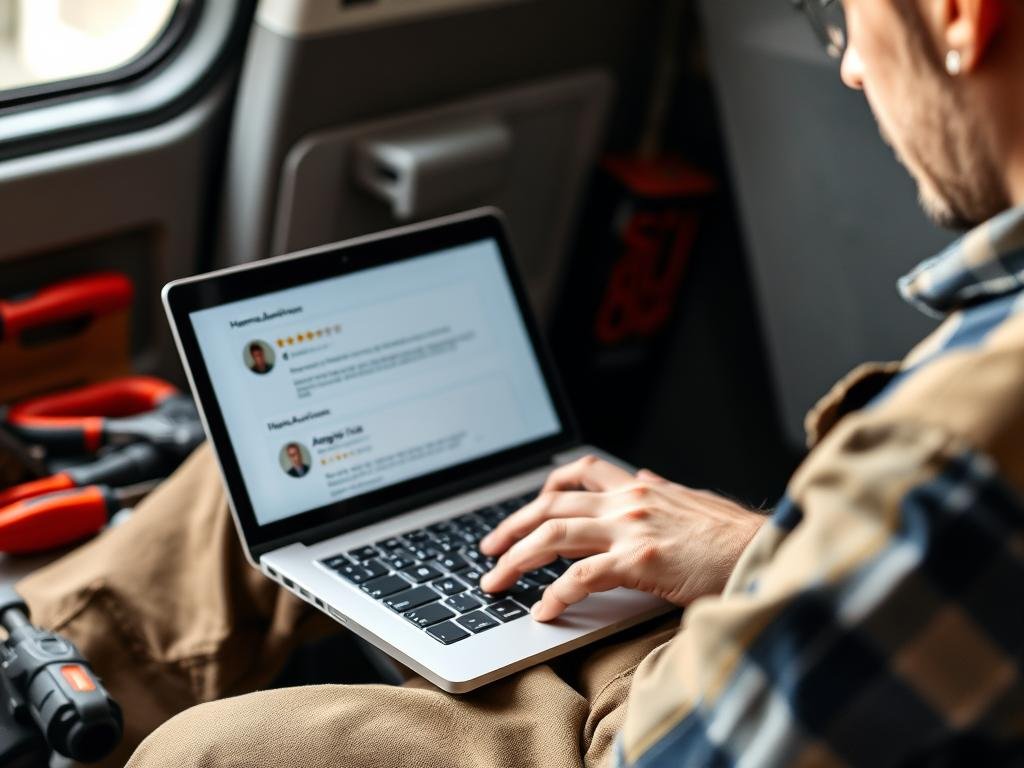 Home service contractor reviewing customer feedback on laptop Home service contractor reviewing customer feedback on laptop