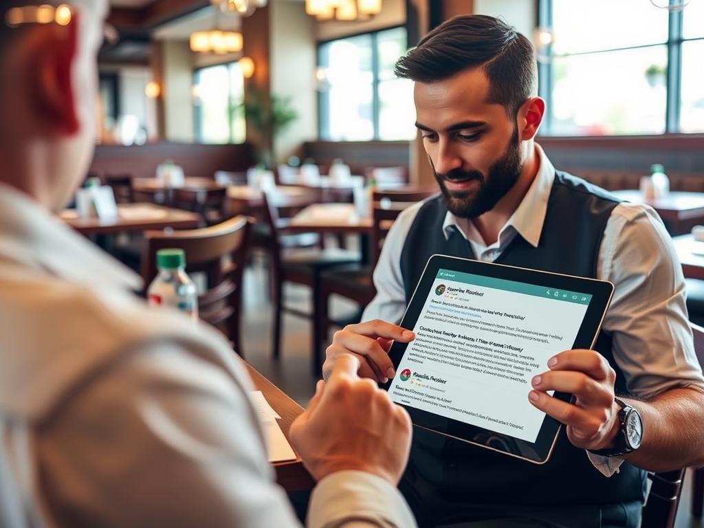 Restaurant manager responding to customer reviews on tablet Restaurant manager responding to customer reviews on tablet