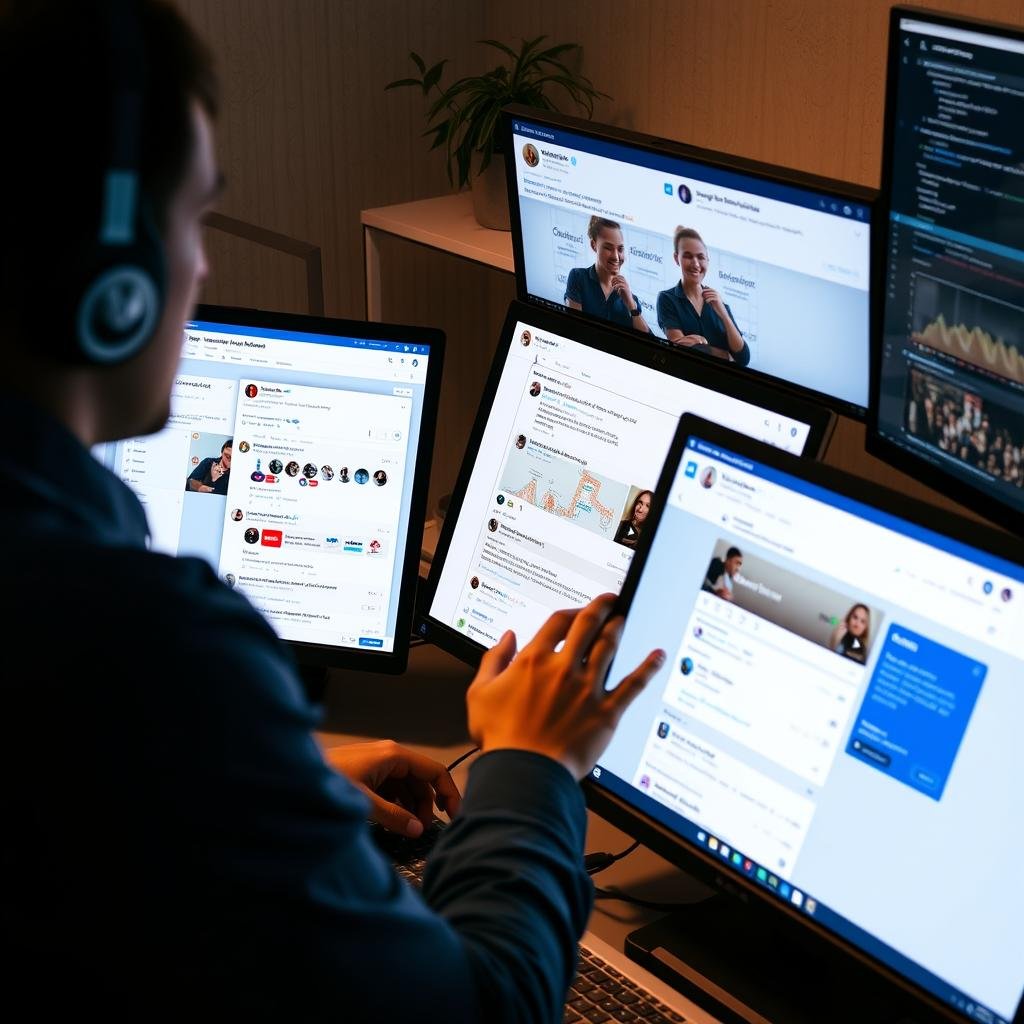 Social media manager engaging with followers across platforms Social media manager engaging with followers across platforms